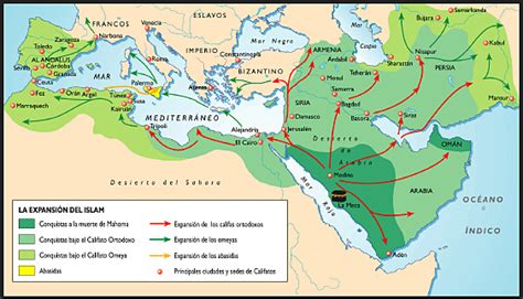 Mapa de la expansión árabe y la conquista de Egipto.