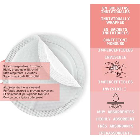 Infografía detallando las características de los discos absorbentes Suavinex, como su transpirabilidad, finura y materiales de contacto con la piel.