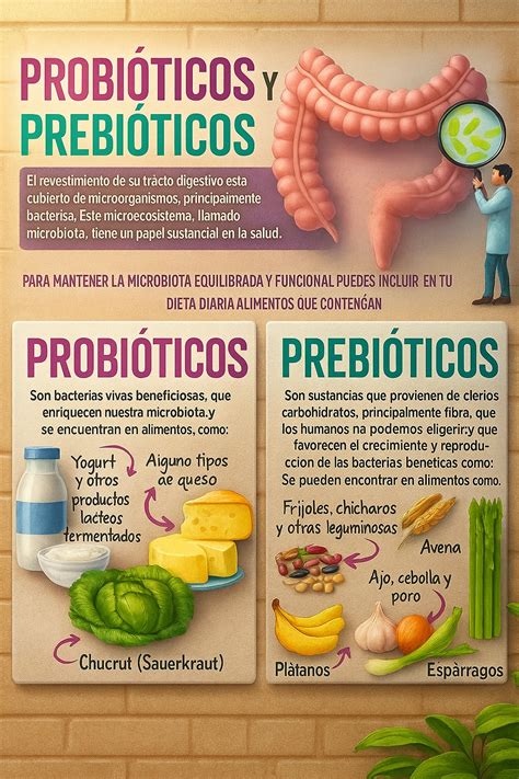 Infografía mostrando la acción de los prebióticos y vitaminas en el intestino