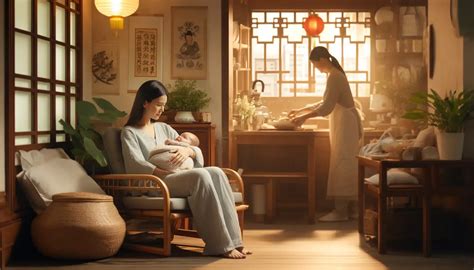 Ilustración de una madre en confinamiento postnatal (zuò yuè zi) siguiendo las tradiciones chinas.