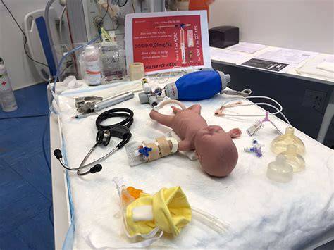 Equipo médico preparado para la reanimación neonatal en una sala de partos