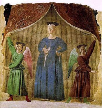 Piero della Francesca, Madonna del Parto, fresco en pared, detalle de la Virgen embarazada