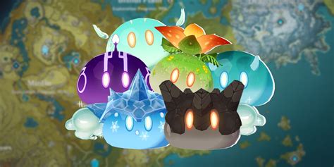 Ilustración de un huerto en Genshin Impact con Slimes