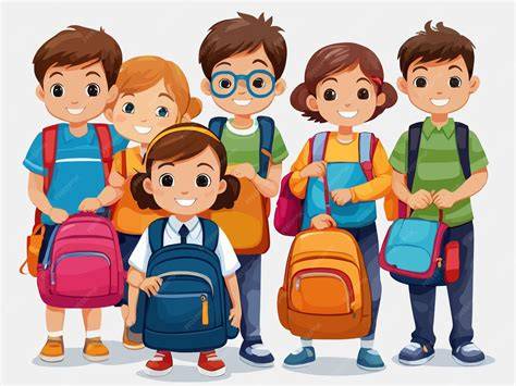 Ilustración de varios niños con mochilas deportivas de diferentes tamaños y colores.