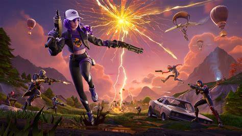 Jugador de Fortnite en pose agresiva, con efectos de sudor y gráficos de victoria