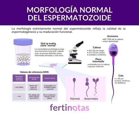Imagen microscópica comparativa entre un espermatozoide con morfología normal y uno con alteraciones estructurales.