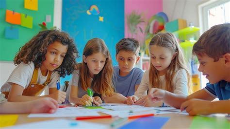 Aula de primaria con niños trabajando en grupos