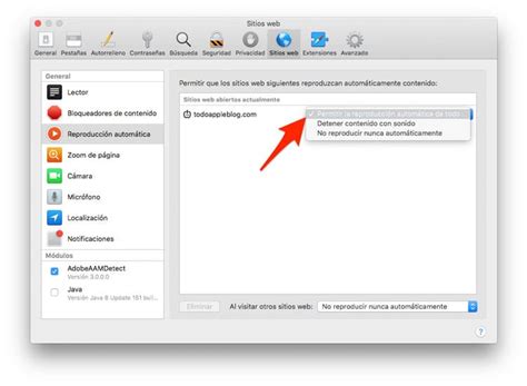 Menú de configuración de reproducción automática en Safari