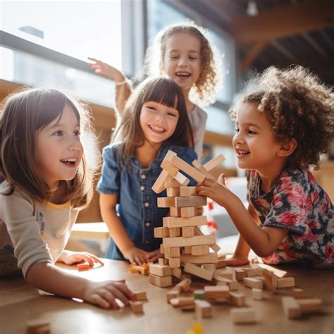 Niños jugando y construyendo torres con bloques de madera de diferentes tamaños y colores.