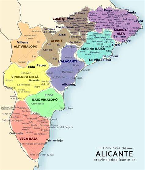 Mapa de la provincia de Alicante con puntos de interés marcados