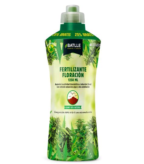 Fotografía del envase del fertilizante Ecoyerba Floración Batlle en diferentes tamaños (400 ml y 1250 ml)