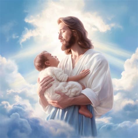 Jesús sosteniendo a un bebé o niño pequeño en sus brazos, con una expresión de consuelo y amor