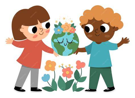 Ilustración: niños interactuando con la naturaleza y cuidando el planeta