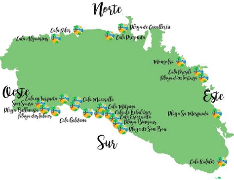 Mapa de Menorca con las principales playas familiares resaltadas