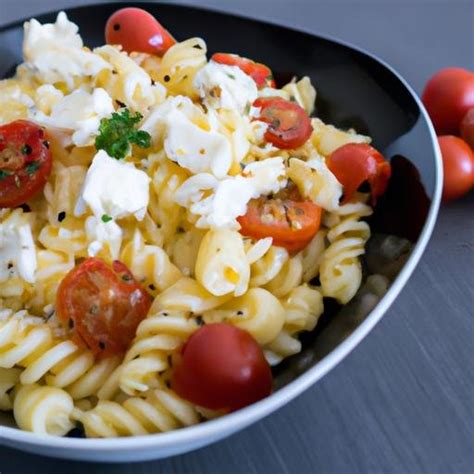 Foto de la pasta con feta y tomate cherry asado en un plato