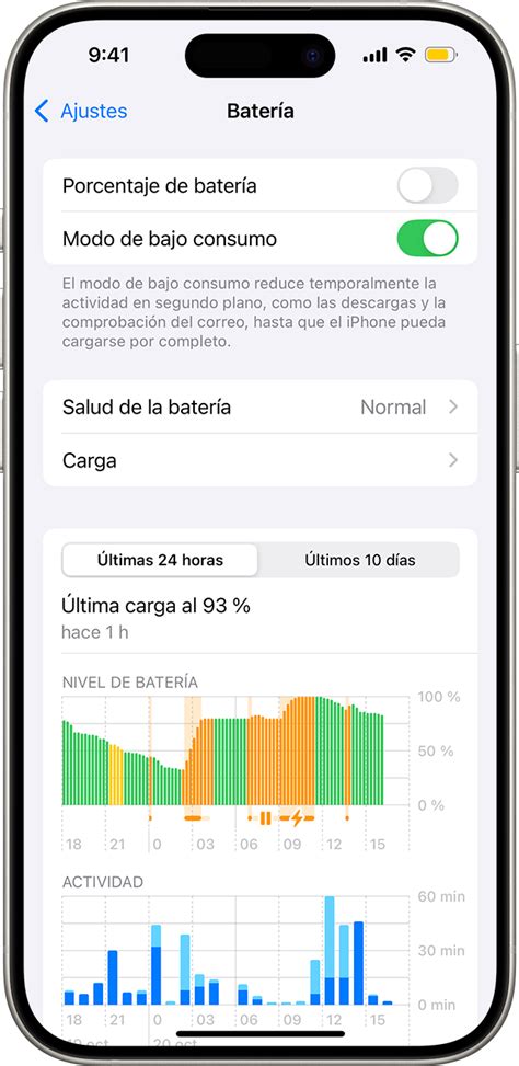 Configuración de batería en iPhone y opción de modo de bajo consumo desactivada
