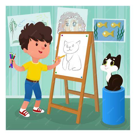 Ilustración de un niño dibujando un retrato de su padre fallecido, rodeado de fotos familiares