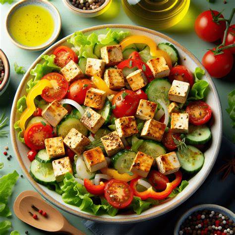 imagen de una ensalada griega vibrante con dados de tofu feta vegano