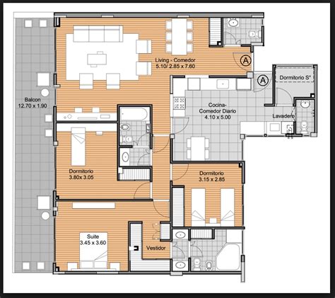 Plano de distribución de un apartamento de 1 o 2 habitaciones con cocina y zona de estar.