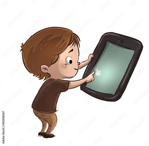 Ilustración de un niño interactuando con una tablet en su habitación