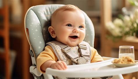 Bebé sentado en la mesa comiendo de forma independiente con una variedad de alimentos saludables.