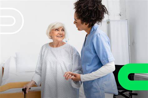 Ilustración de un auxiliar de enfermería interactuando amablemente con un niño en una habitación de hospital.