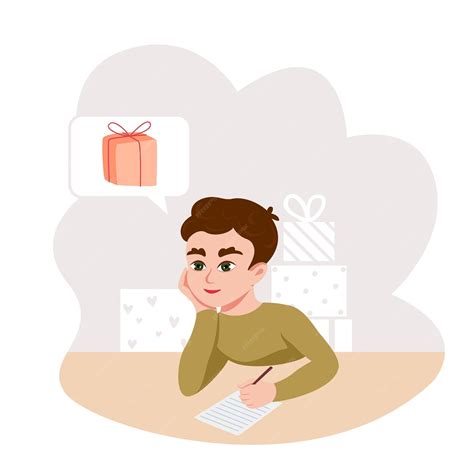 Ilustración de un niño pequeño mirando una lista de deseos con juguetes.