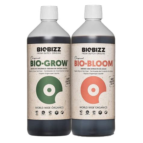 Detalle de los envases de Bio Grow, Bio Bloom y Top Max, mostrando sus etiquetas y volúmenes.