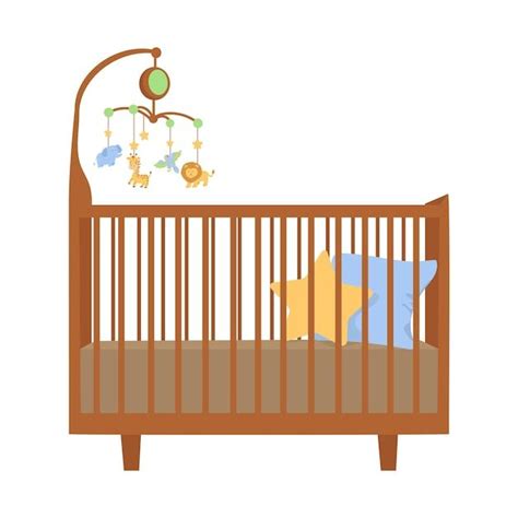 Ilustración de una habitación de bebé con la cuna ubicada lejos de la ventana y objetos decorativos en la pared.