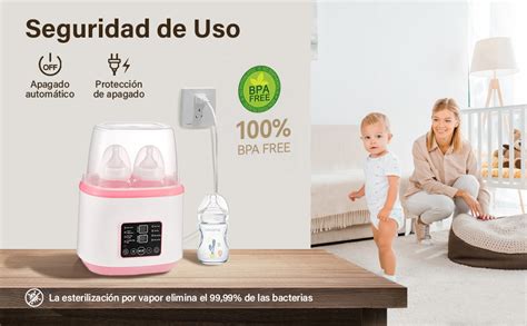 Infografía o esquema de las funciones de un calentador de biberones inalámbrico