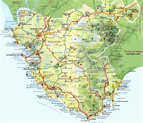 Mapa turístico de la provincia de Cádiz con sus principales localidades costeras