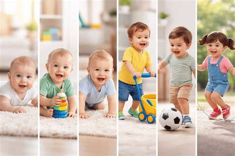 Bebé en diferentes etapas de desarrollo motor, desde sentarse con apoyo hasta coger objetos con precisión