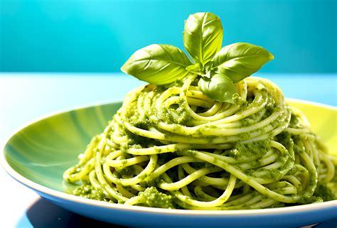 Espaguetis con brócoli y pesto en un plato hondo