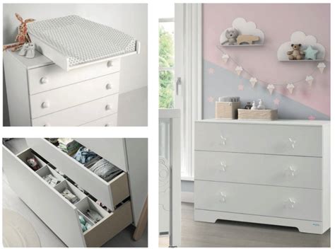 Collage de diferentes tipos de cambiadores de bebé: mueble con cajones, con bañera, portátil, de pared