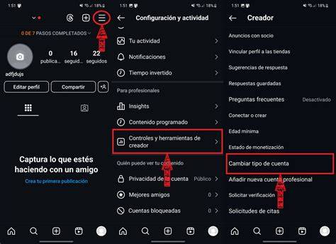 Capturas de pantalla del proceso de cambio a cuenta profesional en Instagram