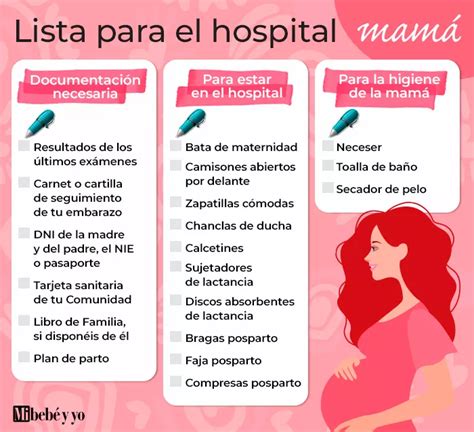 Infografía o checklist visual de la lista de elementos esenciales para llevar al hospital para el parto