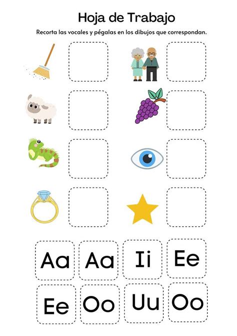 Ejemplos de hojas de trabajo para practicar vocales y sílabas iniciales.