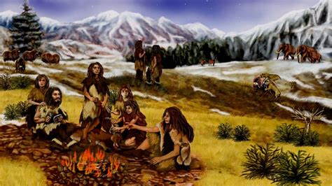 Ilustración de un grupo de neandertales interactuando