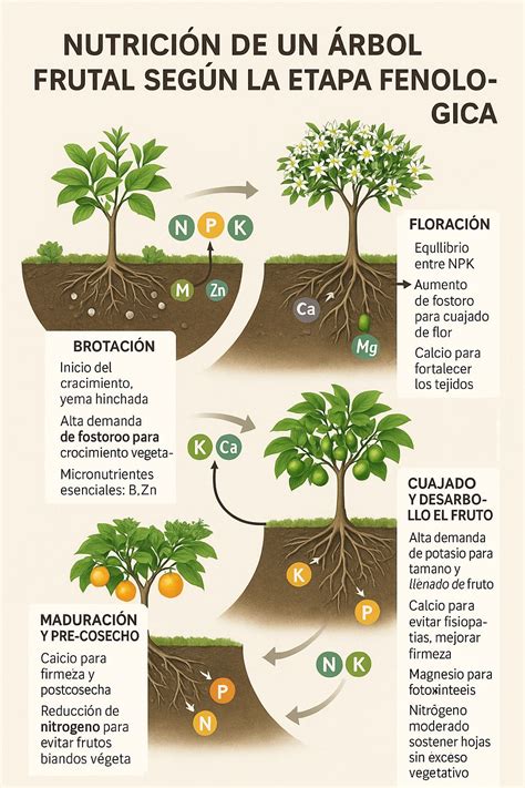 Esquema de las etapas fenológicas del cítrico: brotación, floración, cuajado y maduración con sus requerimientos nutricionales asociados.