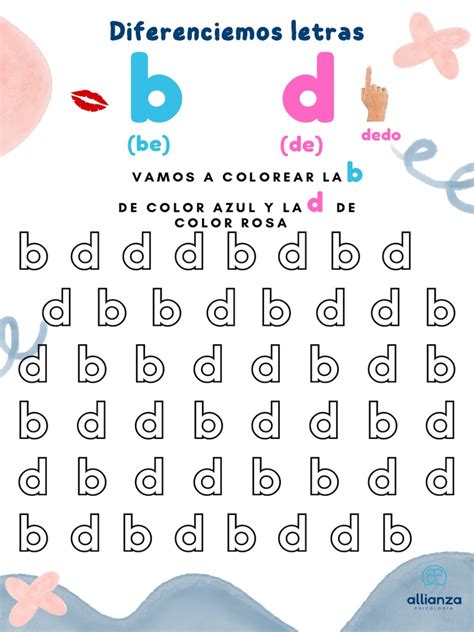 Lámina de ejercicios para diferenciar visualmente las letras b y d con palabras y sílabas