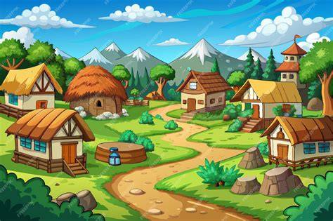 ilustración de una aldea medieval inglesa, con una joven durmiendo en un montón de estiércol