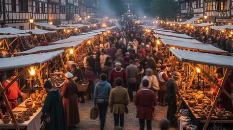 escena de una bulliciosa feria medieval con puestos y gente