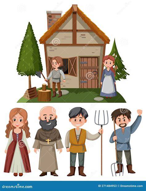 ilustración de un pueblo medieval con personajes chismorreando, ambiente de intriga