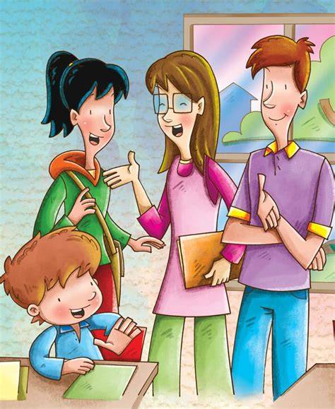 Maestra y padres de familia conversando amistosamente