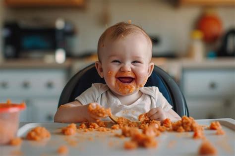 Bebé de 10 meses comiendo en su silla alta, explorando alimentos con las manos.