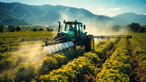 Campo de cultivo con maquinaria agrícola aplicando fertilizantes