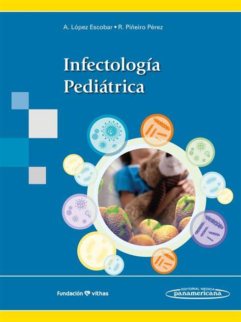 Diseño de portada de un manual de infectología pediátrica con iconos representativos de microorganismos y niños