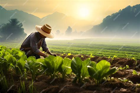Campo de cultivo con agricultor inspeccionando la calidad del suelo y los cultivos