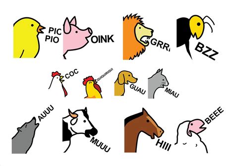 Ilustración de estilo pictograma poético que representa diferentes animales emitiendo sus sonidos