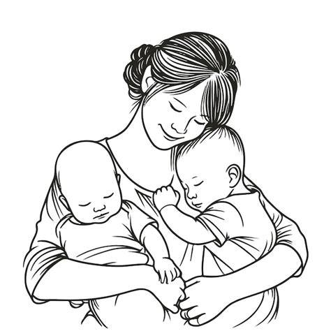 Madre sonriente con sus dos bebés mellizos en brazos
